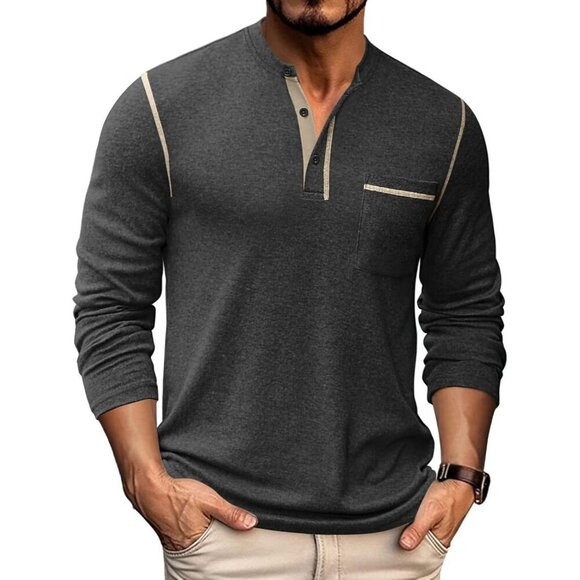 Coofandy Men Dark Grey Henley Long Sleeve Pullover Button T-Shirtwith Pocket